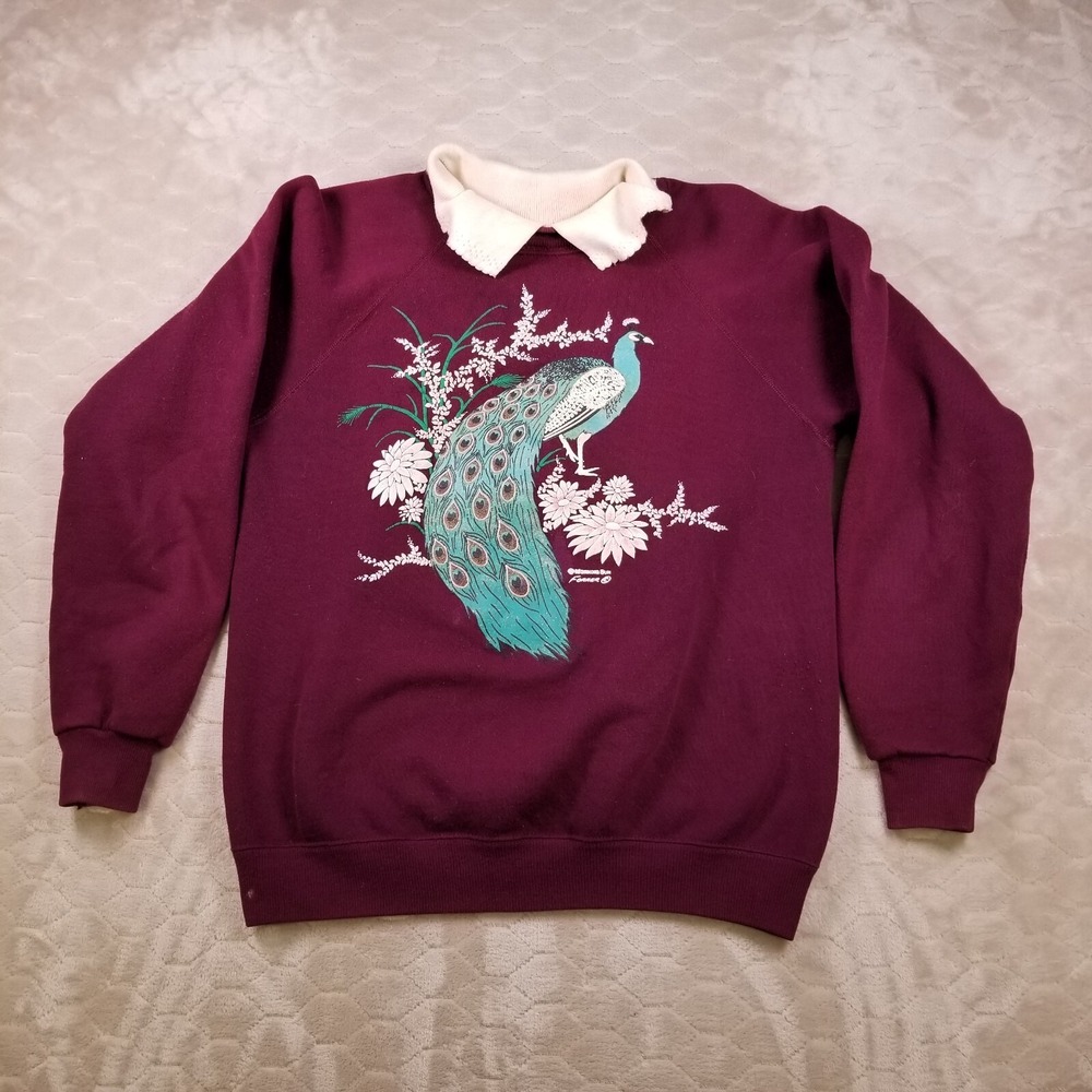 VTG Morning Sun Women Sweater Md Red Peacock Graphic‎ 80s Long Sleeve Grandma